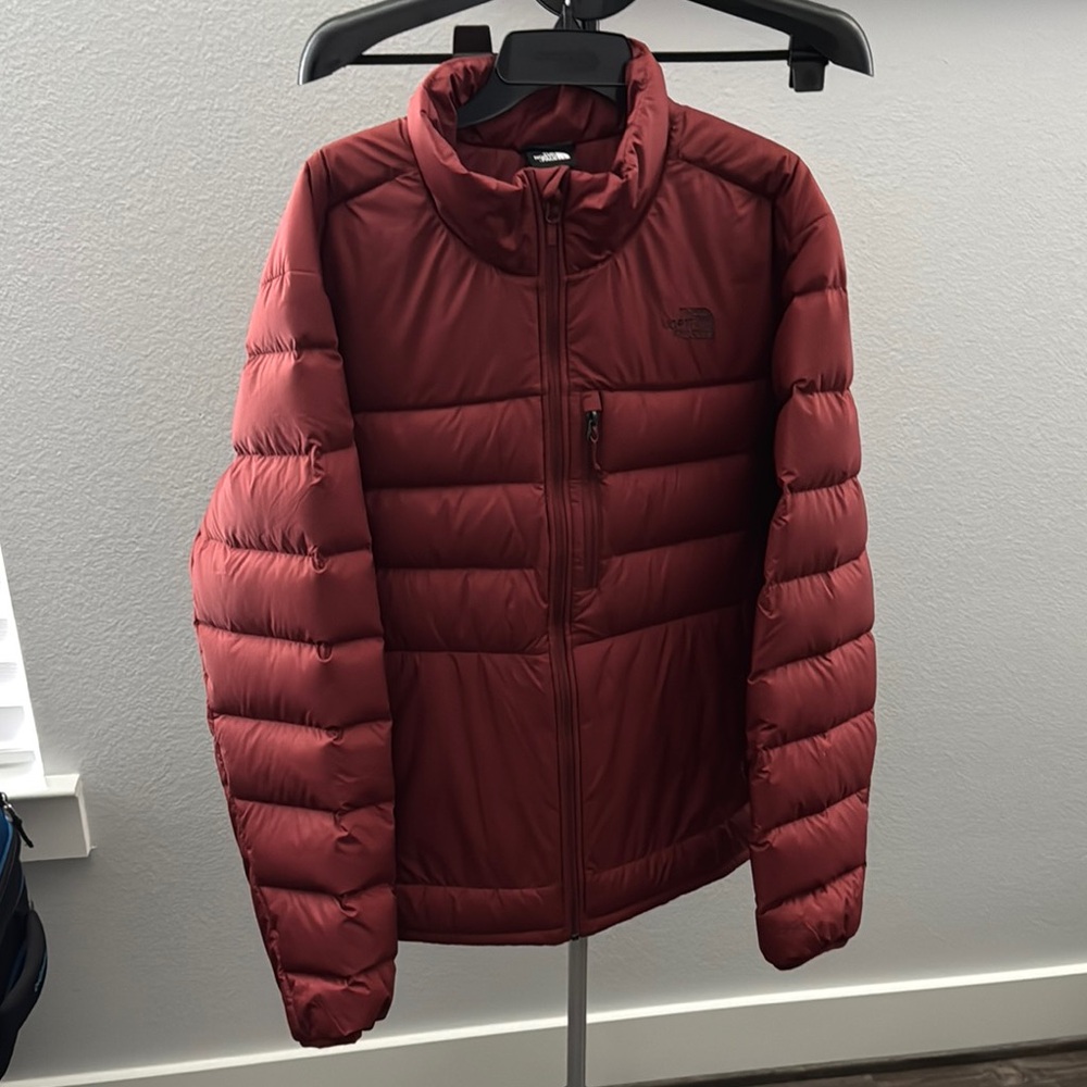 The North Face Red Puffer Jacket with Stand-Up Collar